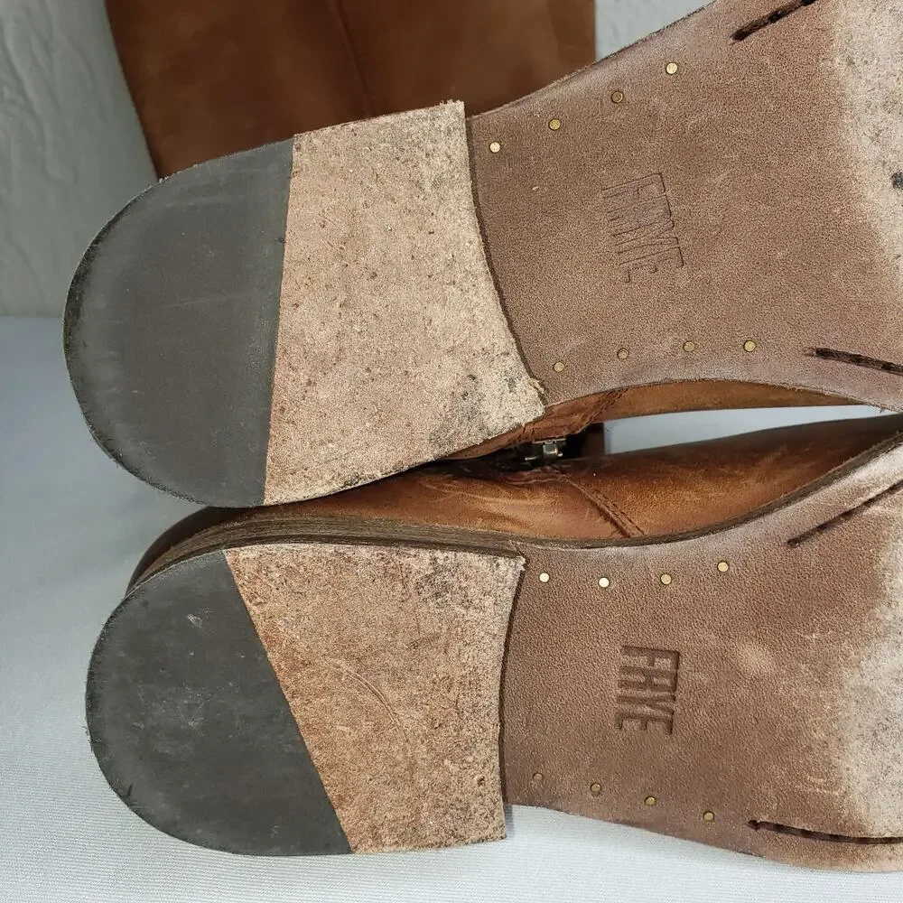 Frye Melissa Size 7B Button Inside Zip Tall Leather Boots Cognac Distressed
